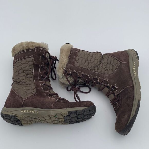Merrell Women's Dark Brown quilted Winter Boots faux fur trim size 7.5 - Picture 10 of 12